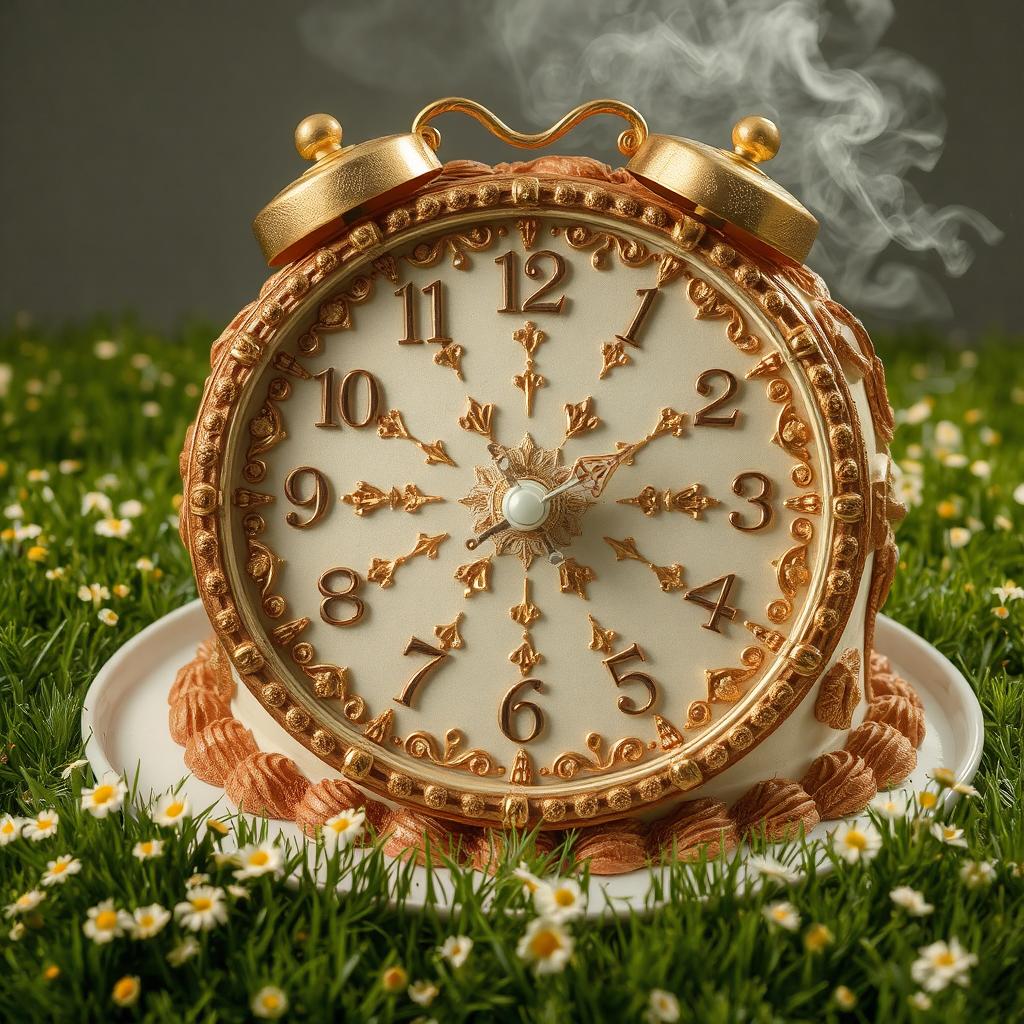 Birthday cake shaped like a vintage alarm clock on a plate in grass with small daisies