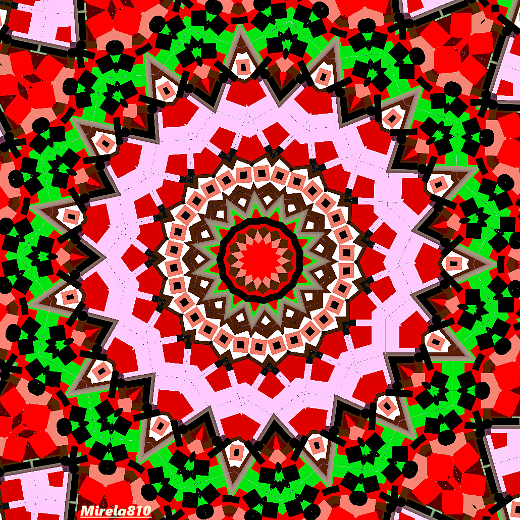 Symmetrical mandala with red, green, pink and black geometric patterns radiating from center