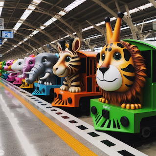 Bright cartoon train with oversized animal characters as cars on platform
