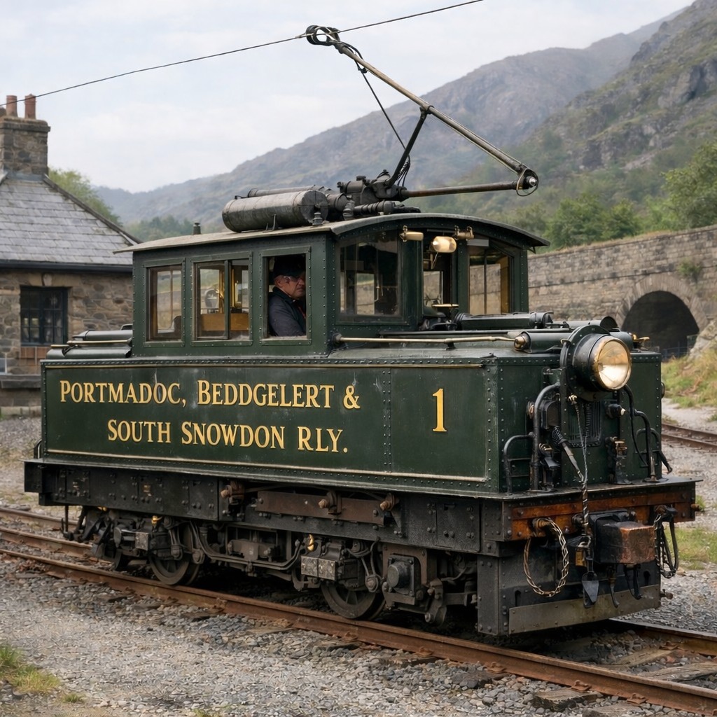 Vintage green electric locomotive on railway tracks beside a stone station and tunnel