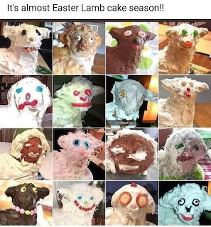 Collage of 16 funny homemade Easter lamb cakes with mesy frosting and silly faces
