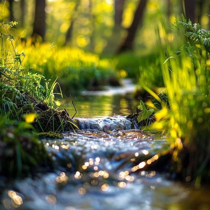 Sunlit forest stream with moss-covered banks and bright green foliage in soft focus