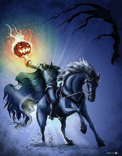 Headless horseman on a black horse holding a flaming pumpkin head against a dark spooky night sky