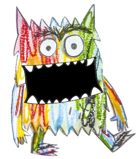 Colorful crayon-style monster drawing with big eyes and a wide open mouth on a white background.