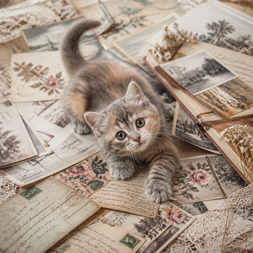 Gray tabby kitten with blue eyes lying on vintage postcards and old photographs