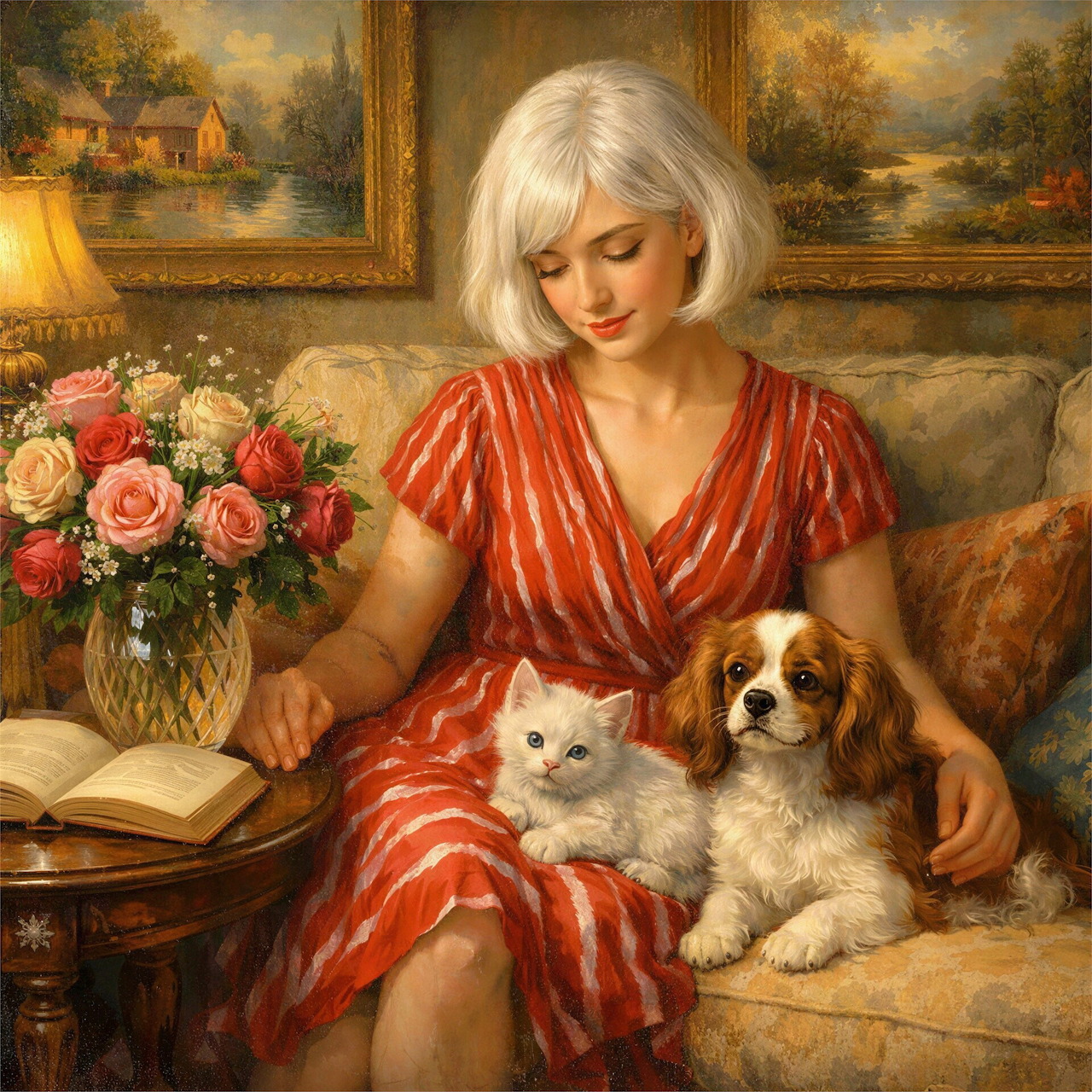 Woman in red dress reading on sofa with white cat and small dog beside her, flowers and paintings in background