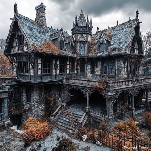 Abandoned gothic Victorian house with steep roofs, stone walls, and overgrown shrubs
