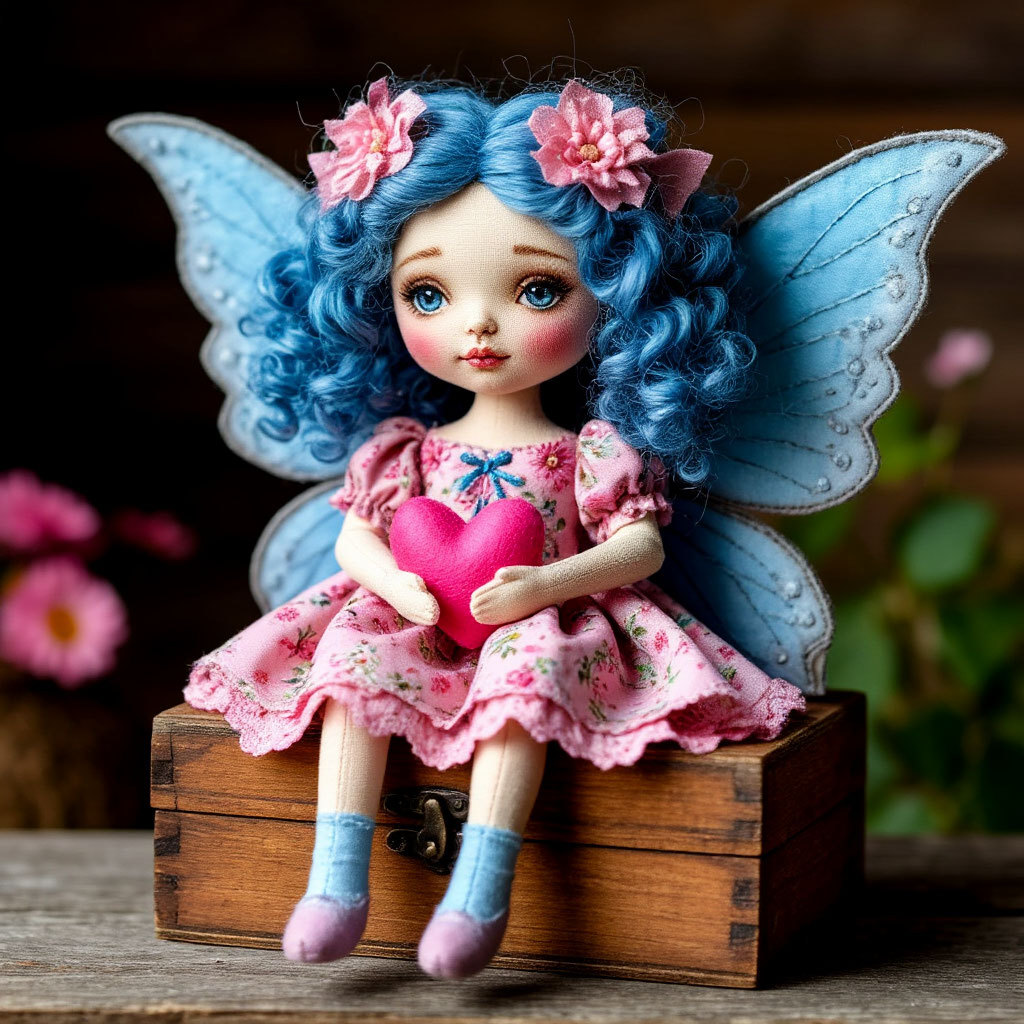 Cute fairy doll with blue hair, pink dress and translucent wings on wooden box