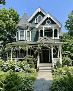 Victorian house with decorative trim, porch, and turret surrounded by green garden