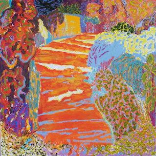 Colorful impressionist painting showing orange path through garden with purple, blue, and green foliage