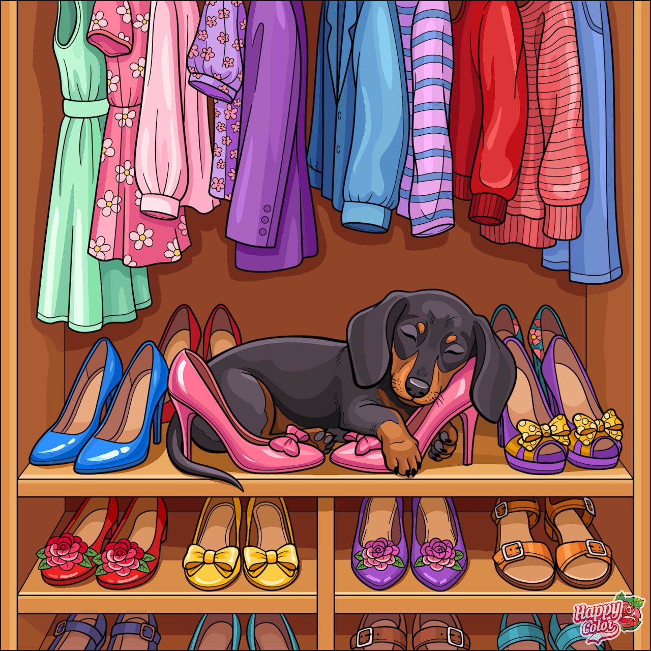 Black and tan dog sitting in closet with colorful dresses and shoes