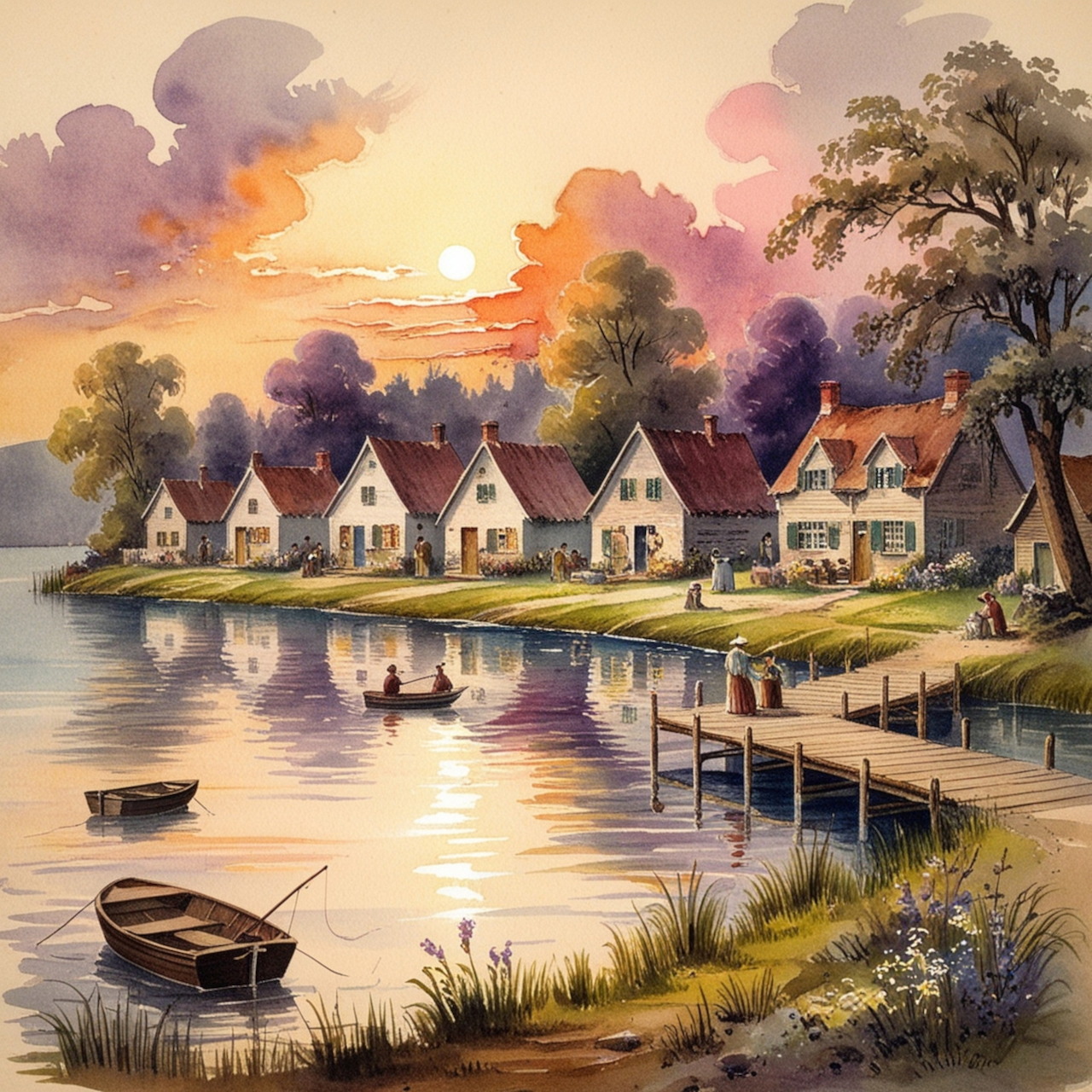 Painting of quaint village houses beside a calm lake at sunset with boats and dramatic sky