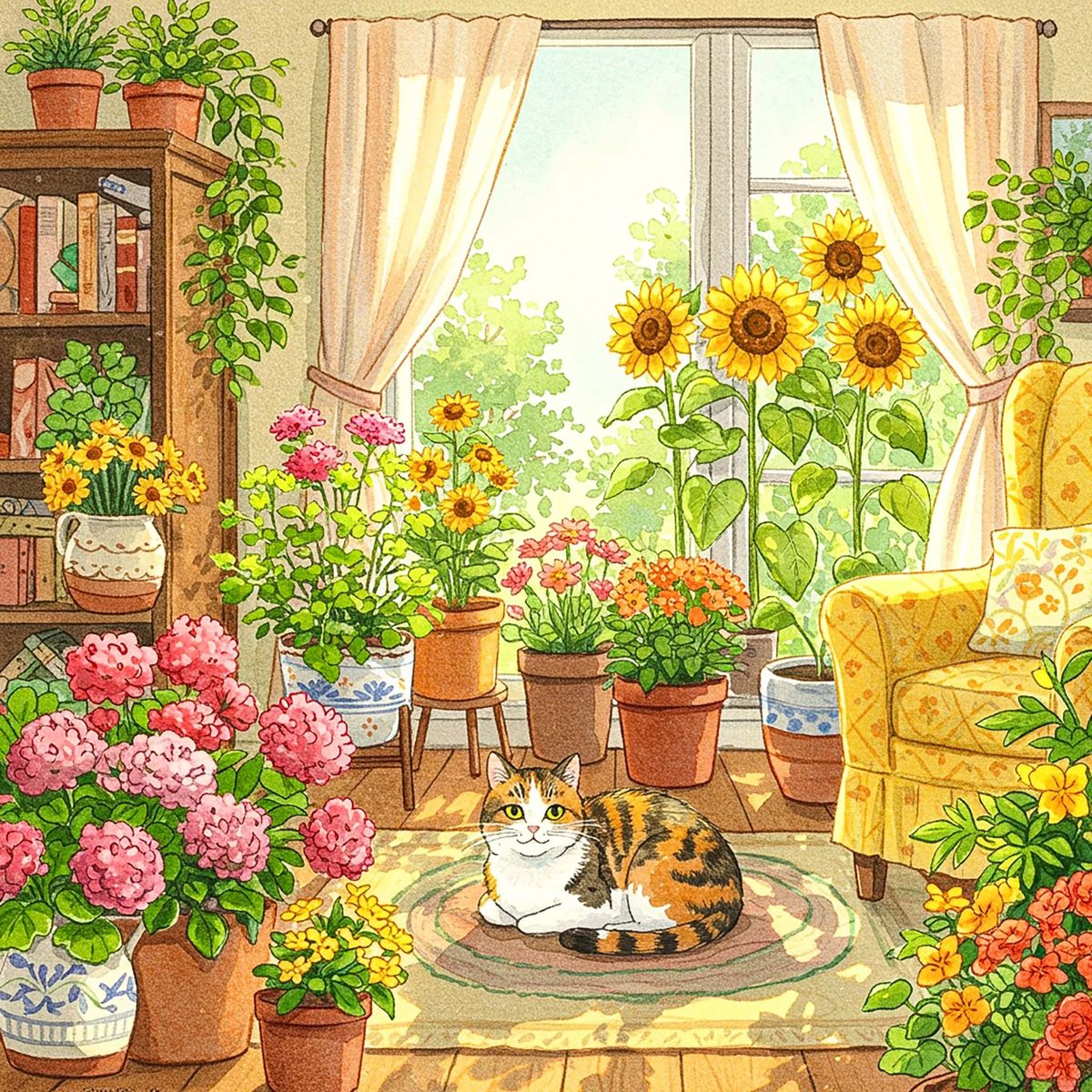 Calico cat on a rug in a bright room with potted flowers, sunflowers, window curtains, and a yellow chair
