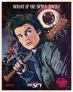 Retro illustrated poster of Steve Harrington from Stranger Things holding a nail bat with monsters behind him