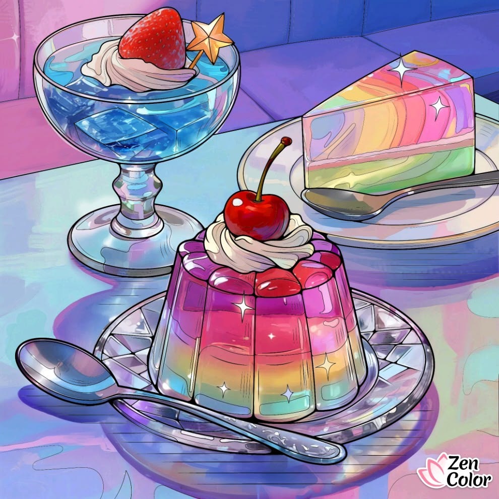 Illustration of rainbow jelly desserts with whipped cream, cherries, and a pastel cake slice