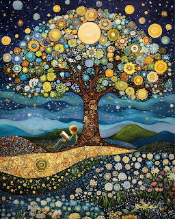 Ornamental tree with circular patterns in blue, gold, and earth tones against starry background with mosaic landscape
