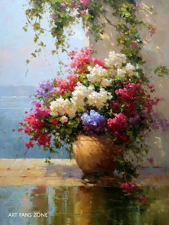 Painting of colorful bougainvillea flowers in a teracotta vase beside a sunlit stone wall
