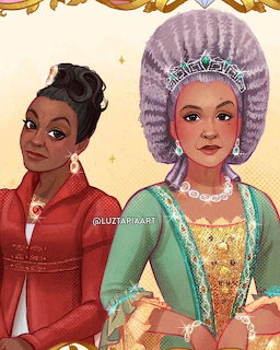 Illustration of two Black women in Regency-era costumes, one in red and one in ornate royal attire with powdered wig