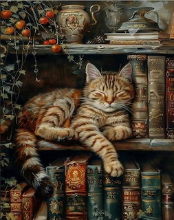 Tabby cat sleeping on a wooden bookshelf among old books and vintage vases, painted illustration style