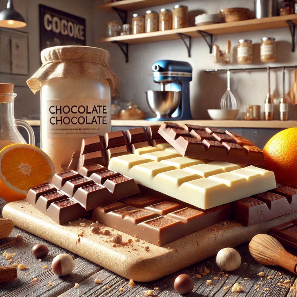 Assorted chocolate bars and ingredients on wooden cutting board in rustic kitchen with jars and shelves