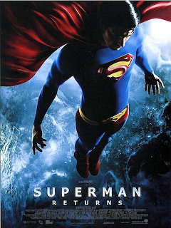 Superman flying in a blue suit and red cape on a Superman Returns movie poster
