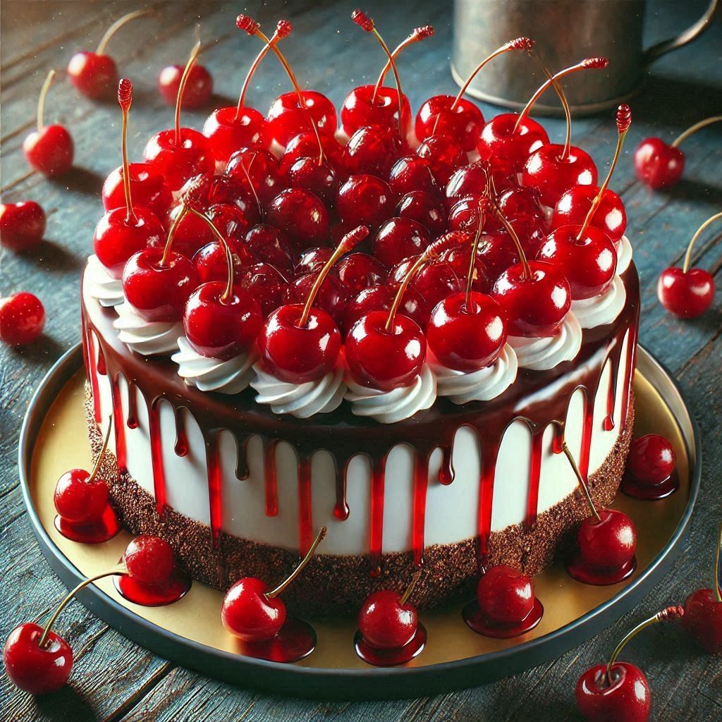 Round white drip cake topped with red cherries on a plate, with extra cherries around it