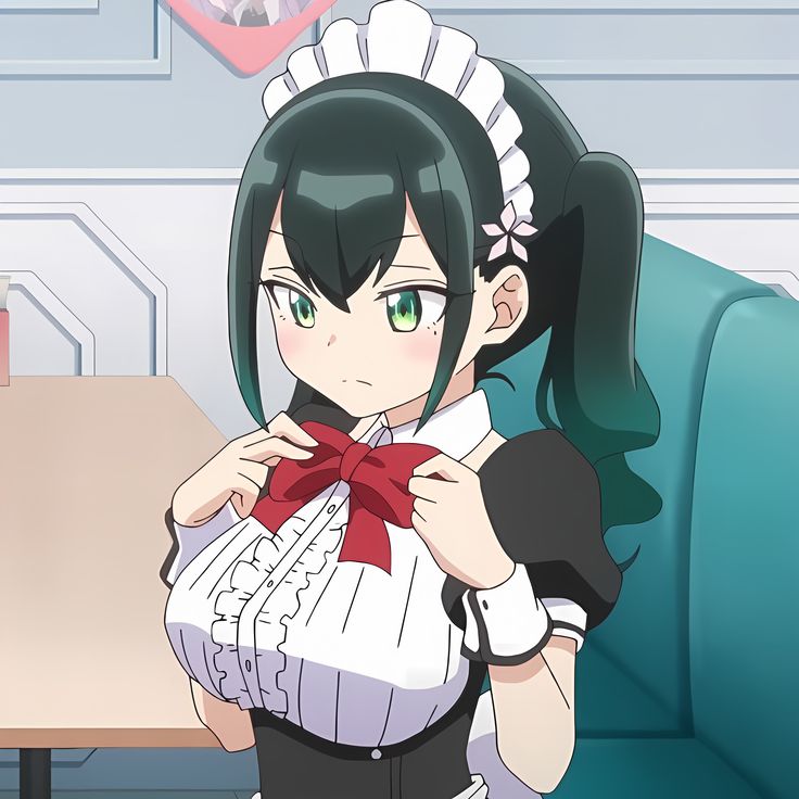 Anime character with dark hair in black and white maid outfit adjusting red bow while seated on teal furniture