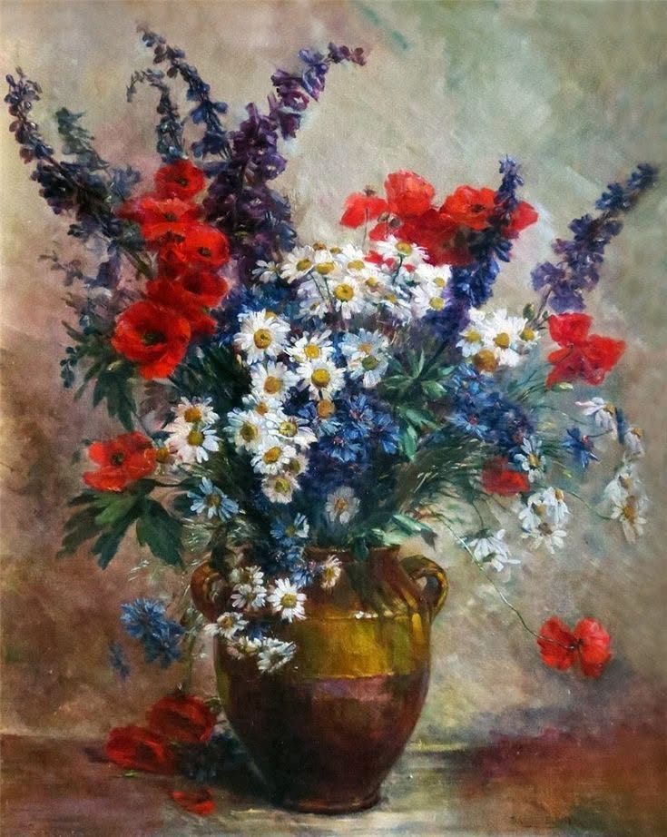 Painting of a mixed flower bouquet in a brown vase with red, white, and purple blossoms