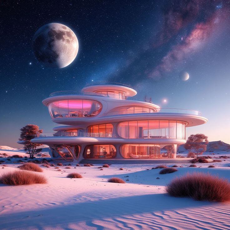 Futuristic curved pink house on alien planet with moon and colorful nebula sky