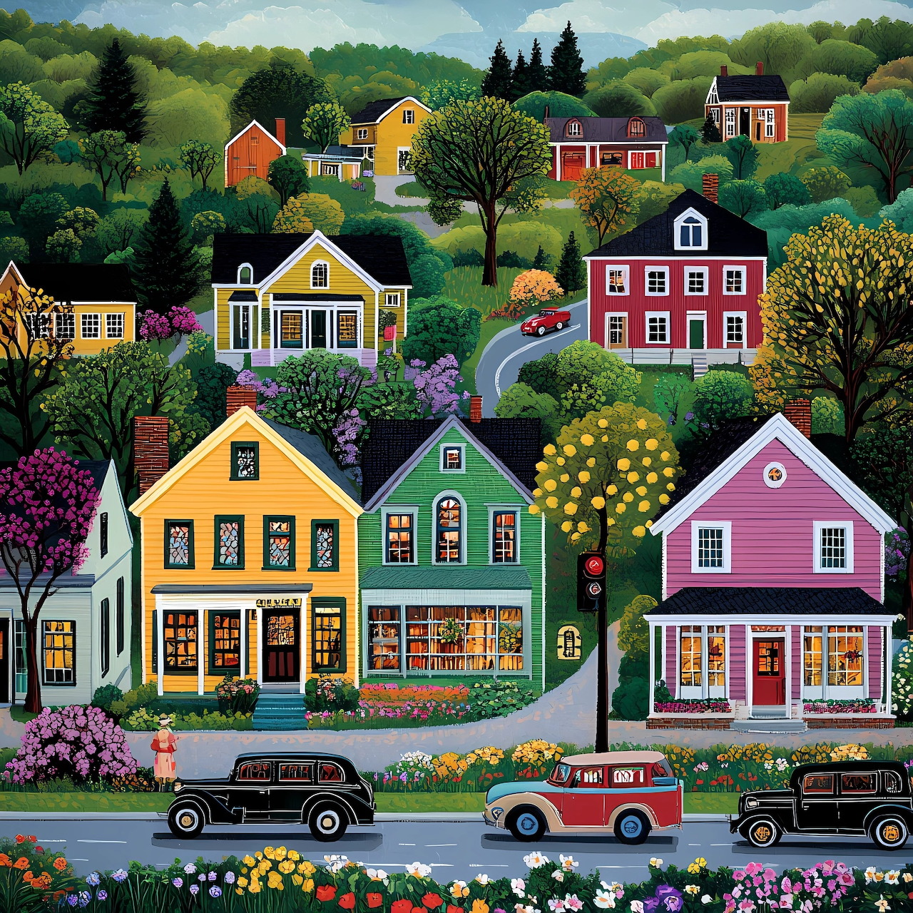 Illustration of a quaint neighborhood with brightly colored houses, vintage cars, flowers, and trees on green hills