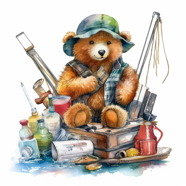 Teddy bear in blue hat sitting with art supplies and paintbrushes in watercolor style