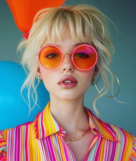 Blonde woman in bright round sunglasses and a colorful striped shirt