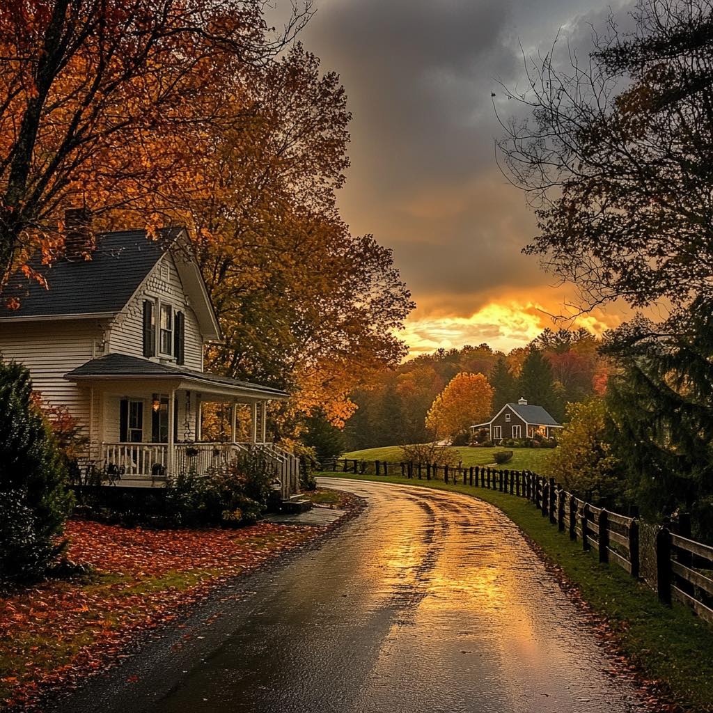 Autumn Farmhouse at Sunset