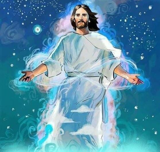 Illustration of Jesus Christ in a white robe with open arms on a glowing blue background