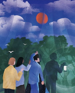 Illustration of three people from behind gazing at a red moon above trees with shadowy lantern-bearing figures