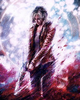 Dark-haired warrior holding glowing sword amid red and blue flames