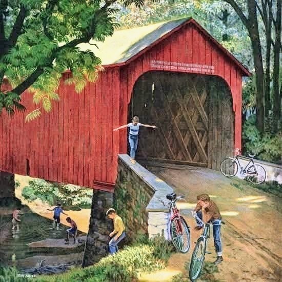 Children playing near a red covered bridge by John Falter, 1954