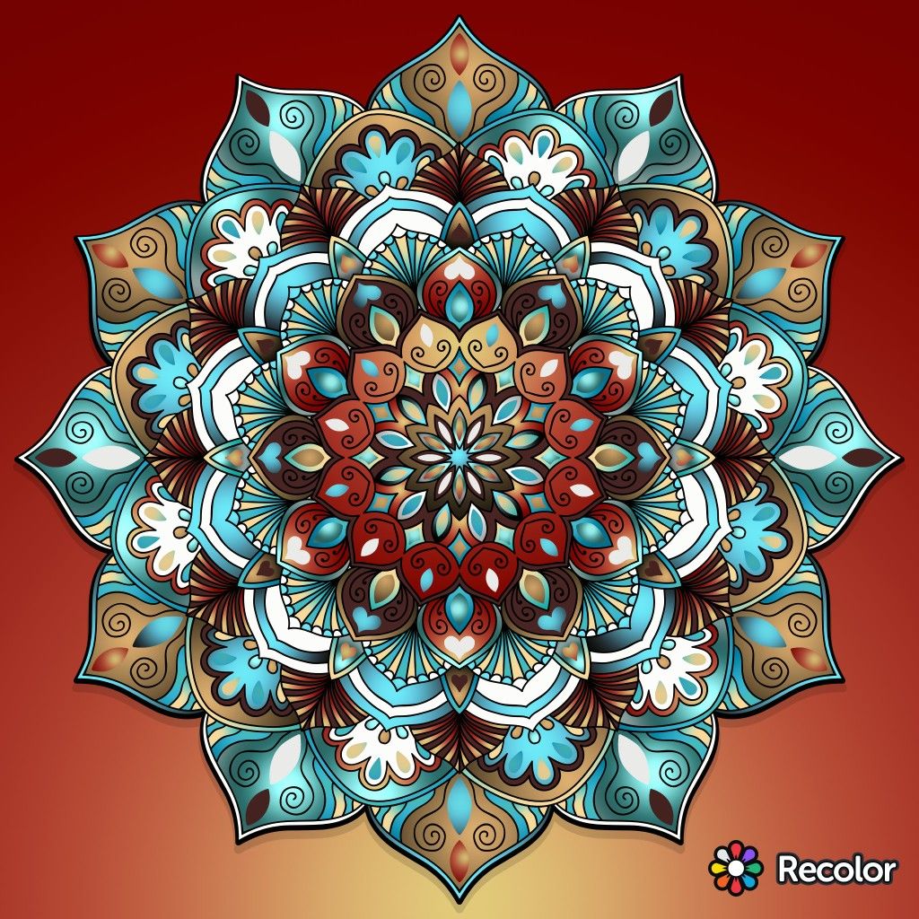 Ornate symmetrical mandala with turquoise and brown floral layers in radial pattern on red-orange gradient