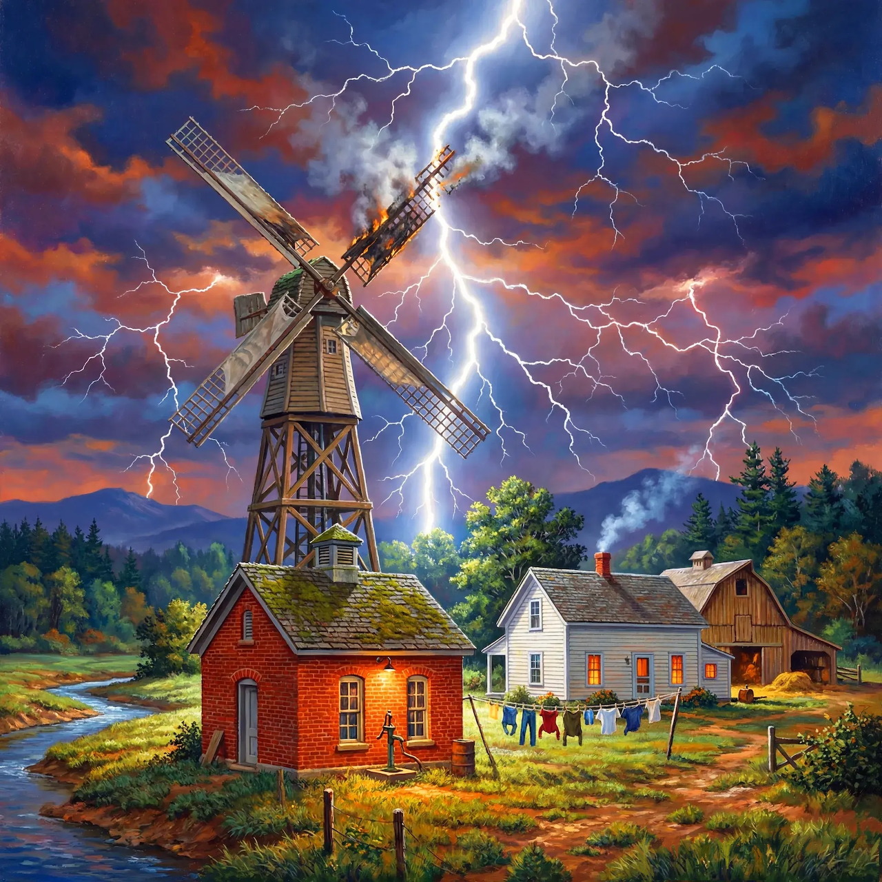 Lightning bolts strike near a windmill and farm buildings under stormy evening sky with dramatic clouds