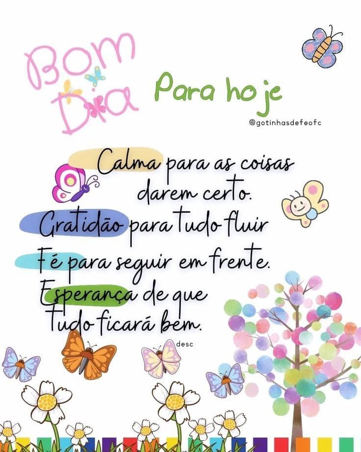 Colorful Bom Dia greeting card with butterflies, flowers, a tree, and inspirational Portuguese text