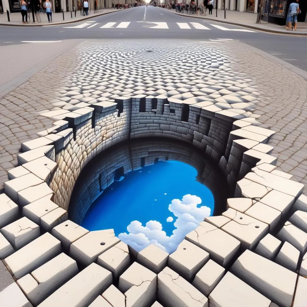 3D street art illusion of circular pit with sky and clouds, pavement breaking into blocks