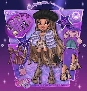 Bratz Yasmin fashion doll illustration with purple background, accessories, and outfit sketches