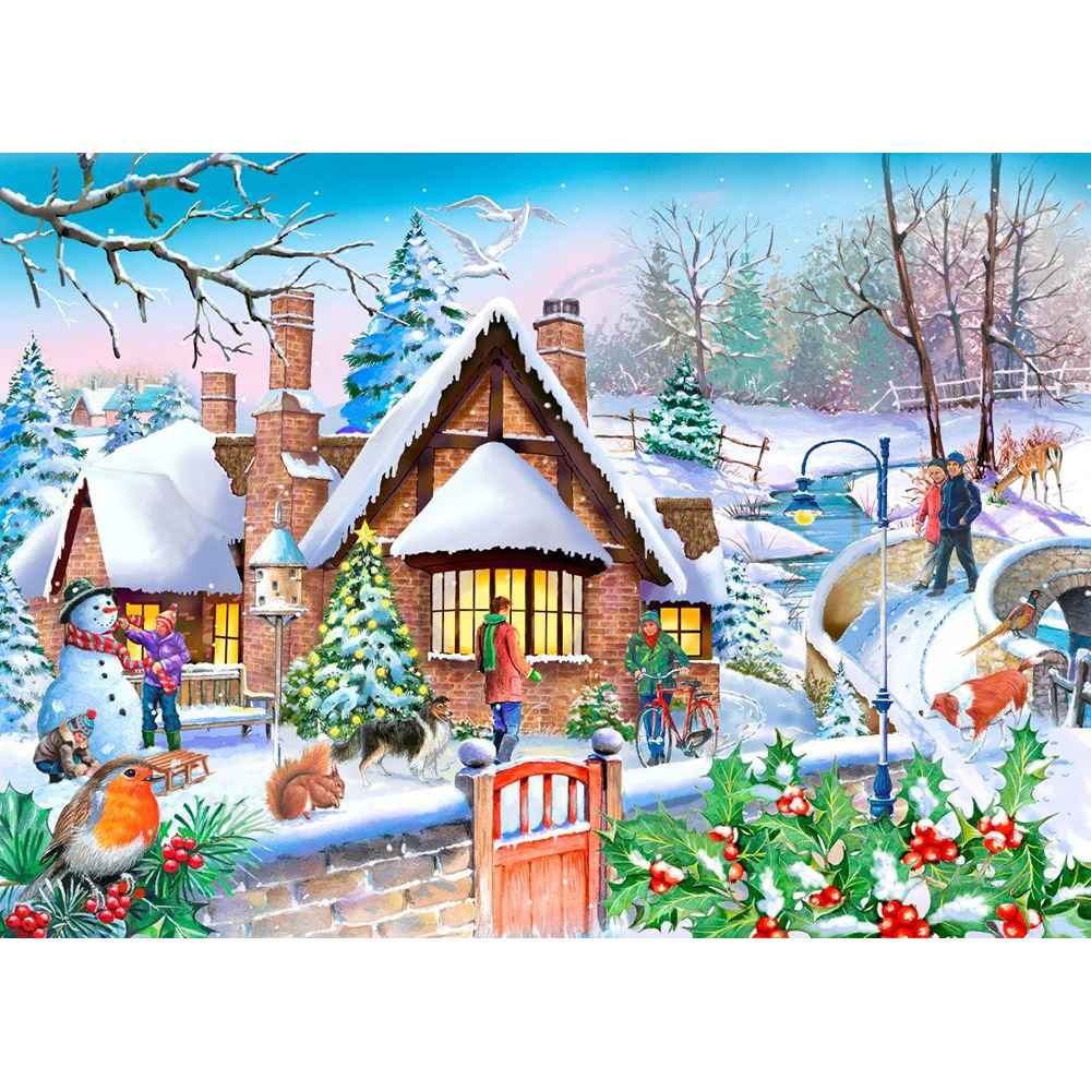 Colorful winter illustration of a snow-covered cottage with a snowman, bridge, skaters, and holly