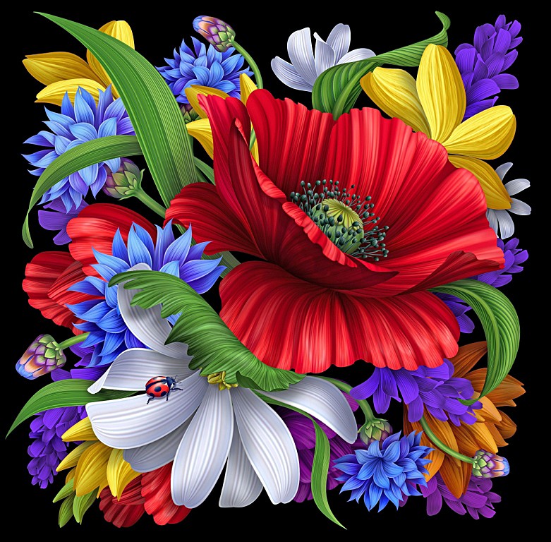 Colorful painted flowers with red poppy, white daisy, purple and yellow blooms, and ladybugs on black background