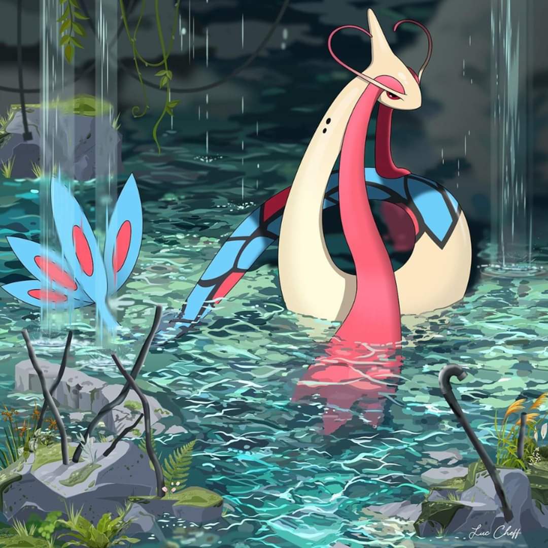 Milotic Pokémon swimming in turquoise water among ruins with blue flowers