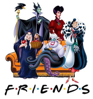 Disney villains cartoon grouped on a sofa above a Friends-style logo on white
