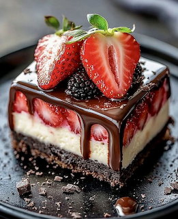 Square cheesecake slice with strawberries, chocolate sauce, and berries on dark plate