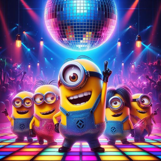 Group of yellow Minions dancing under disco ball with purple and blue stage lights on checkered floor