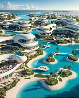Futuristic white resort buildings with curved architecture and blue pools on tropical island