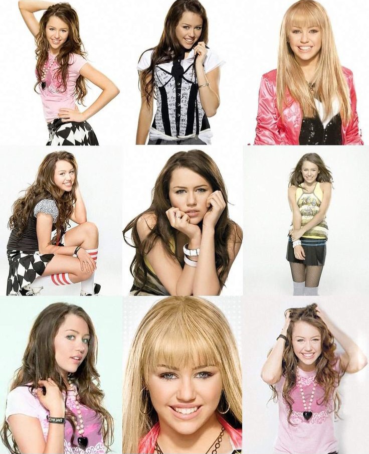 Nine-panel photo collage of Miley Cyrus as Hannah Montana in different poses and outfits